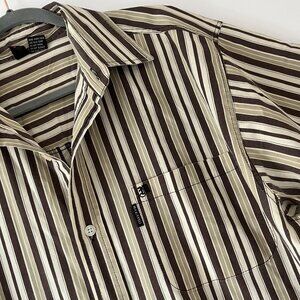 Men’s Makaveli Brand XL Short Sleeve Khaki White Striped Button Down Shirt Tupac